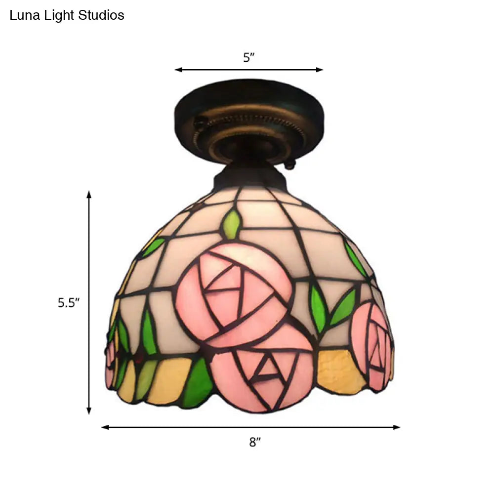 DecorBites™ DecorBites™ Rustic Tiffany Rose/Morning Glory Flushmount Light - Stained Glass Ceiling Light in Pink for Cafe