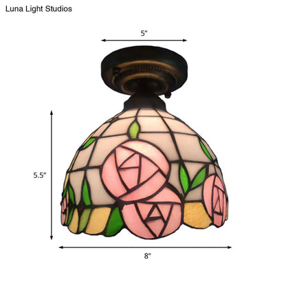 DecorBites™ DecorBites™ Rustic Tiffany Rose/Morning Glory Flushmount Light - Stained Glass Ceiling Light in Pink for Cafe