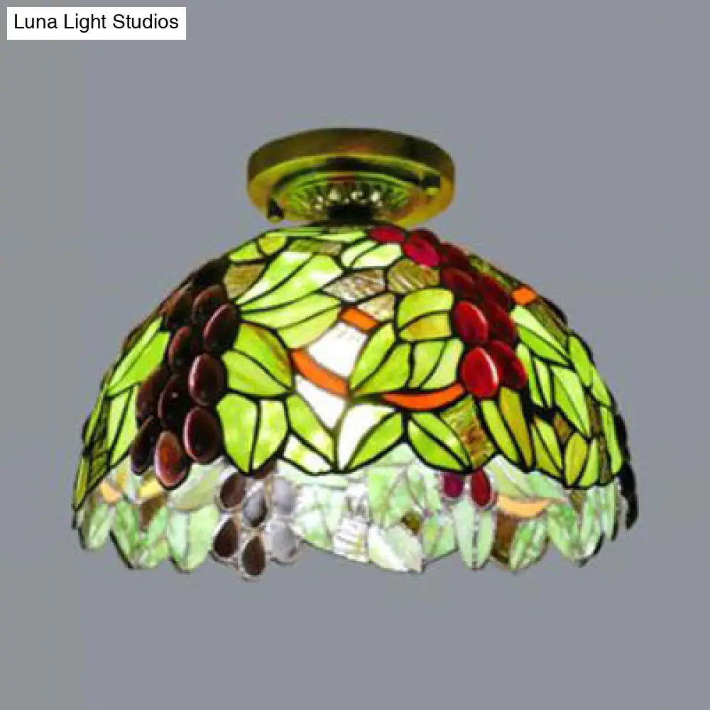 Rustic Tiffany Stained Glass Flush Light with Nature-inspired Pattern and Antique Brass Finish