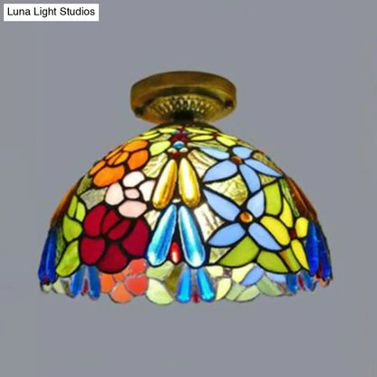 Rustic Tiffany Stained Glass Flush Light with Nature-inspired Pattern and Antique Brass Finish