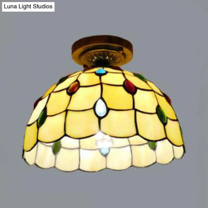 Rustic Tiffany Stained Glass Flush Light with Nature-inspired Pattern and Antique Brass Finish