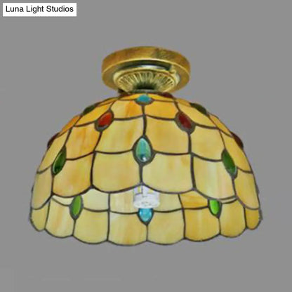 Rustic Tiffany Stained Glass Flush Light with Nature-inspired Pattern and Antique Brass Finish