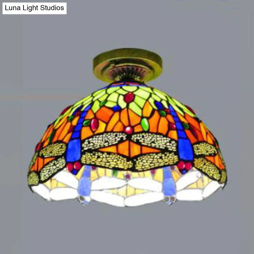 Rustic Tiffany Stained Glass Flush Light with Nature-inspired Pattern and Antique Brass Finish