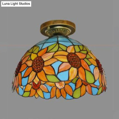 Rustic Tiffany Stained Glass Flush Light with Nature-inspired Pattern and Antique Brass Finish