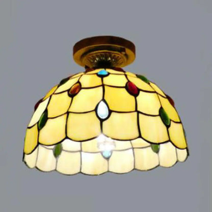 Rustic Tiffany Stained Glass Flush Light with Nature-inspired Pattern and Antique Brass Finish