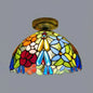 Rustic Tiffany Stained Glass Flush Light with Nature-inspired Pattern and Antique Brass Finish