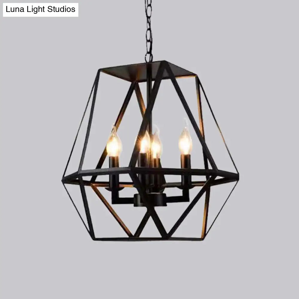 Rustic Trapezoid Cage Chandelier with 4 Black Iron Bulbs