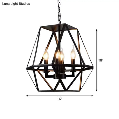 Rustic Trapezoid Cage Chandelier with 4 Black Iron Bulbs