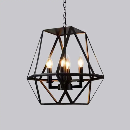 Rustic Trapezoid Cage Chandelier with 4 Black Iron Bulbs