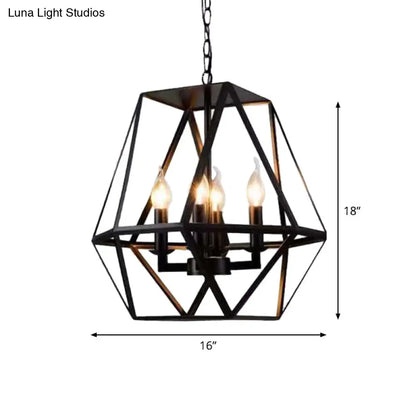 Rustic Trapezoid Cage Chandelier with 4 Black Iron Bulbs