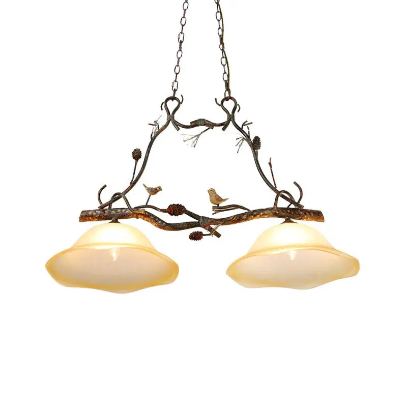 Rustic bronze-finished wrought iron ceiling light with two warm opal glass shades and decorative birds for 220v-240v use