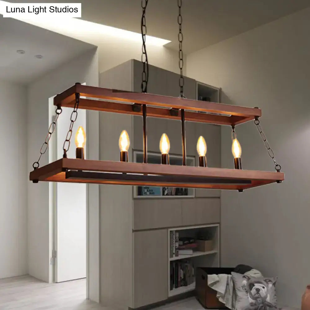 Rustic vintage brown wood chandelier with industrial-style rectangular copper finish and five exposed filament bulbs for dining room island lighting