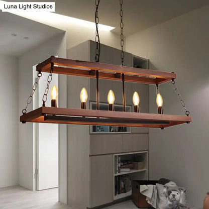 Rustic vintage brown wood chandelier with industrial-style rectangular copper finish and five exposed filament bulbs for dining room island lighting