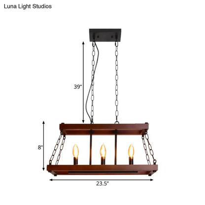 Rustic vintage brown wood chandelier with dark wood rectangular pendant and three exposed Edison bulbs for dining room island light