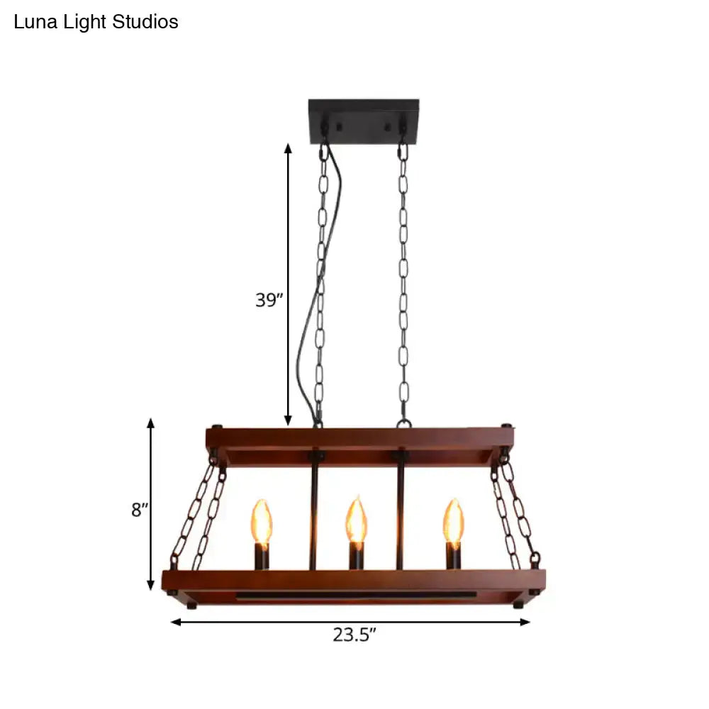 Rustic vintage brown wood chandelier with dark brown rectangular wooden frame and three exposed Edison bulbs hanging by black chains