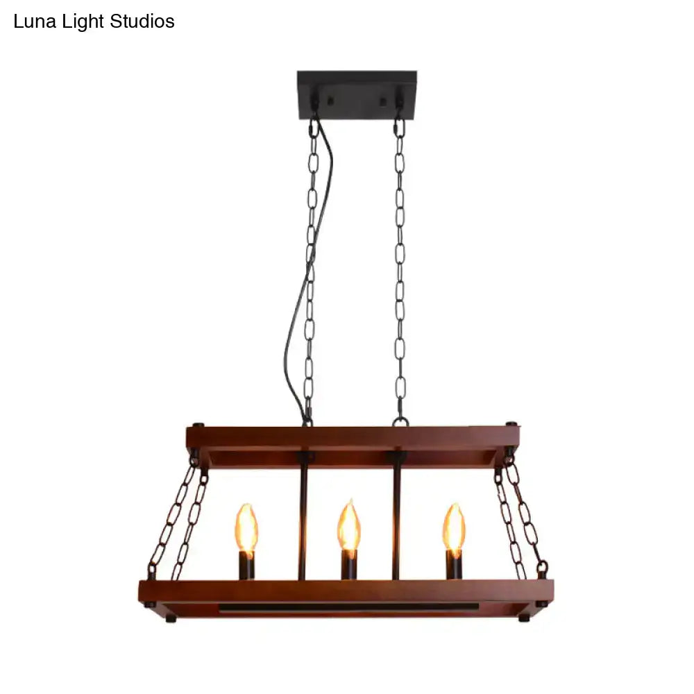 Rustic vintage brown wood chandelier with black metal chains and three exposed bulbs for dining room island lighting
