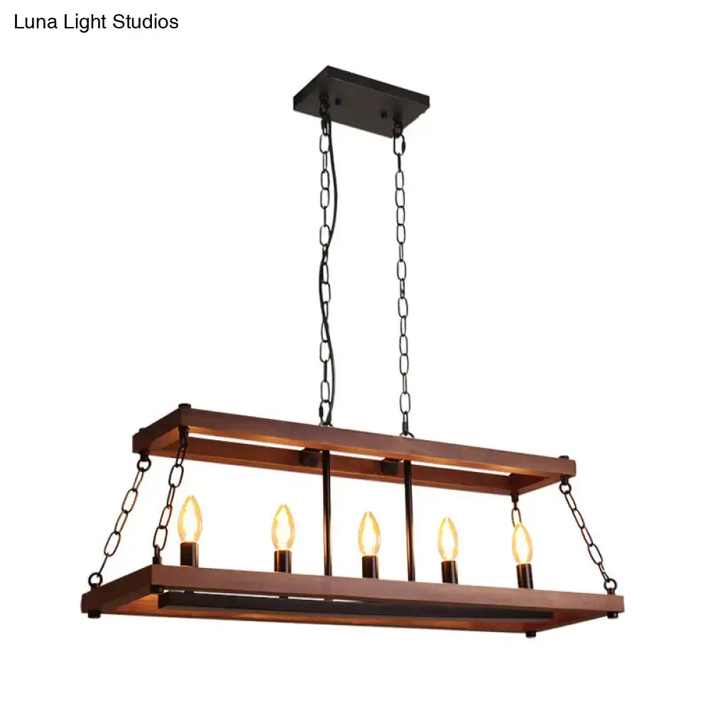 Rustic vintage brown wood chandelier with five warm filament bulbs and black metal chains for dining room island lighting