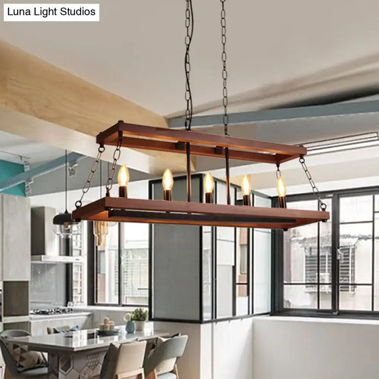 Rustic vintage brown wood rectangular chandelier with five warm filament bulbs suspended by black metal chains for dining room island light