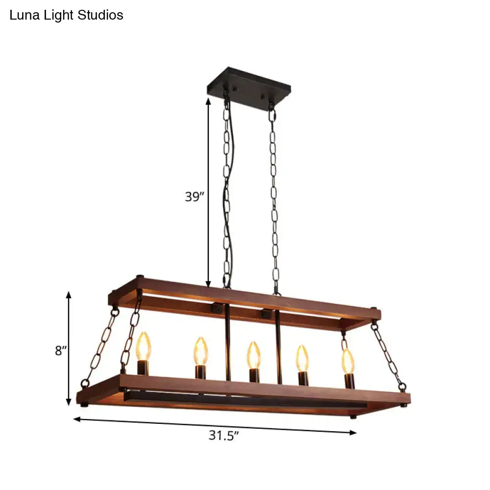 Rustic vintage brown wood chandelier with five exposed filament bulbs and black metal chains for dining room island light