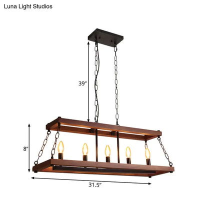 Rustic vintage brown wood chandelier with five exposed Edison bulbs and black metal chains for dining room island light
