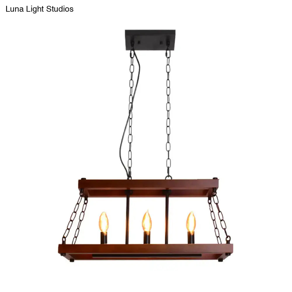 Rustic vintage brown wood chandelier with black metal chains and three exposed bulbs for dining room island lighting