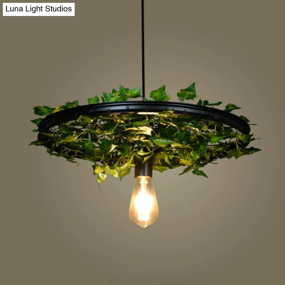 Rustic Wagon Wheel Pendant Light with Iron Suspension and Artistic Plant Design