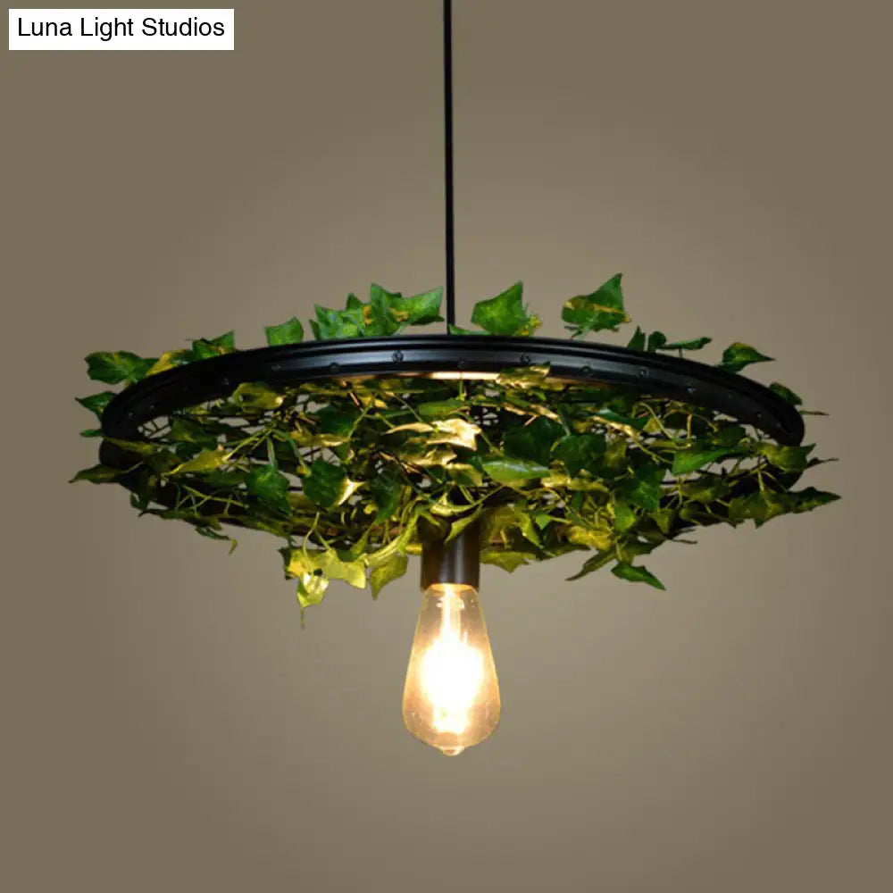 Rustic Wagon Wheel Pendant Light with Iron Suspension and Artistic Plant Design