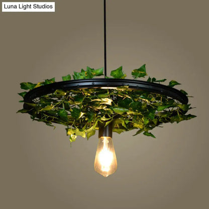 Rustic Wagon Wheel Pendant Light with Iron Suspension and Artistic Plant Design