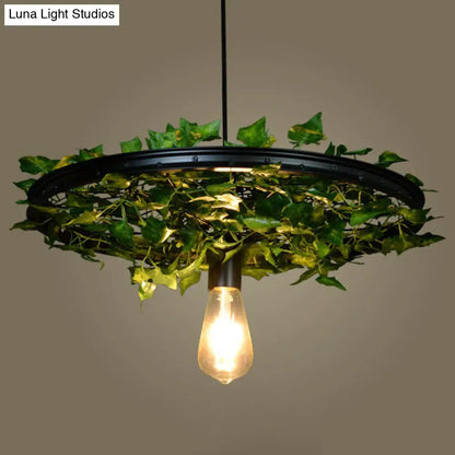 Rustic Wagon Wheel Pendant Light with Iron Suspension and Artistic Plant Design