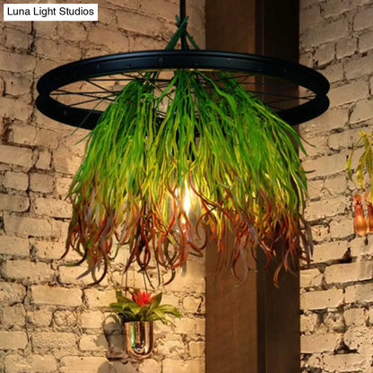 Rustic Wagon Wheel Pendant Light with Iron Suspension and Artistic Plant Design