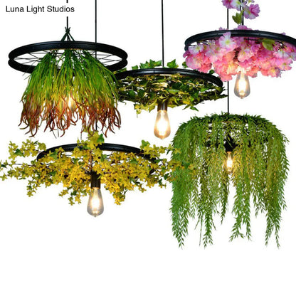 Rustic Wagon Wheel Pendant Light with Iron Suspension and Artistic Plant Design