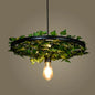 Rustic Wagon Wheel Pendant Light with Iron Suspension and Artistic Plant Design