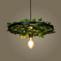 Rustic Wagon Wheel Pendant Light with Iron Suspension and Artistic Plant Design