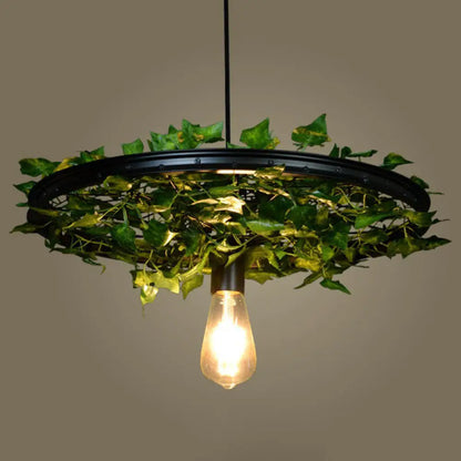 Rustic Wagon Wheel Pendant Light with Iron Suspension and Artistic Plant Design