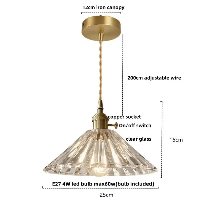 Rustic walnut and brass cullet glass led pendant dining room light with brass iron canopy and twisted copper wire suspension