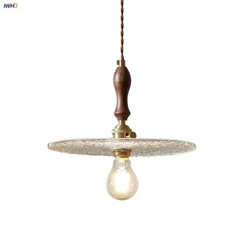 Rustic walnut and brass cullet glass led pendant dining room light with dark wood handle and textured frosted glass disc