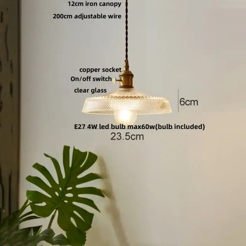 Rustic walnut and brass cullet glass led pendant dining room light with clear textured glass shade and antique brass socket
