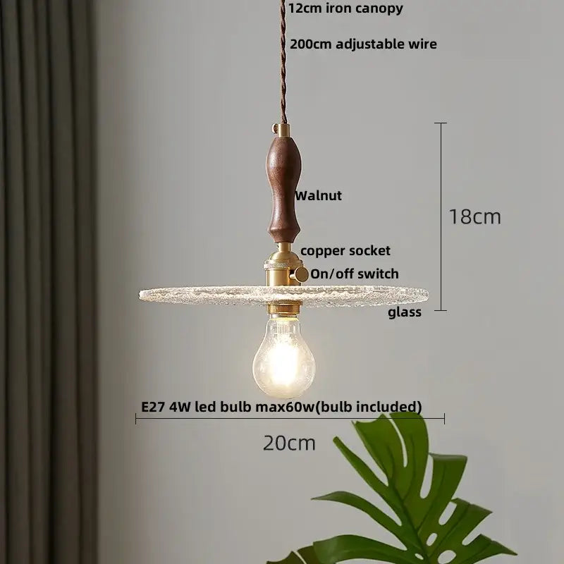 Rustic walnut and brass cullet glass led pendant dining room light with walnut iron canopy and textured glass disc decorbites cullet glass