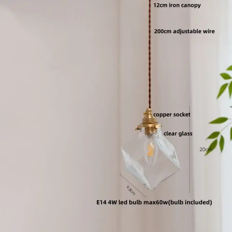 Rustic walnut and brass cullet glass led pendant with clear faceted glass, brass copper socket, and brown braided wire for dining room decorbites cullet glass