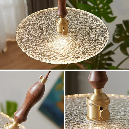 Rustic walnut and brass cullet glass led pendant dining room light with vintage table lamp and textured translucent glass shade