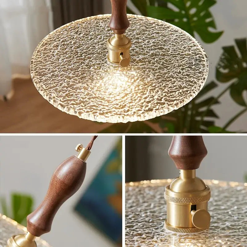 Rustic walnut and brass cullet glass led pendant dining room light with vintage table lamp and textured translucent glass shade