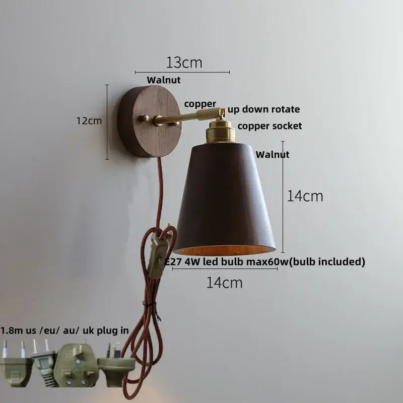 Rustic walnut and brass wall light fixture with walnut finish, brass copper arm, and dark matte lampshade for bedroom