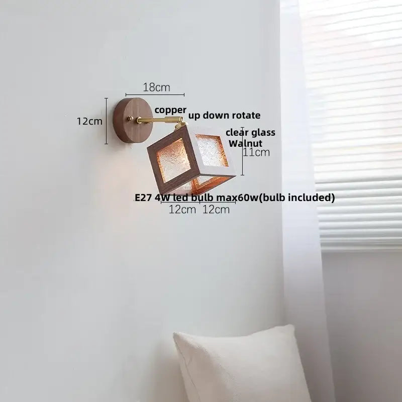 Rustic walnut and brass glass wall light fixture with copper finish and clear glass cube sconce for bedroom use