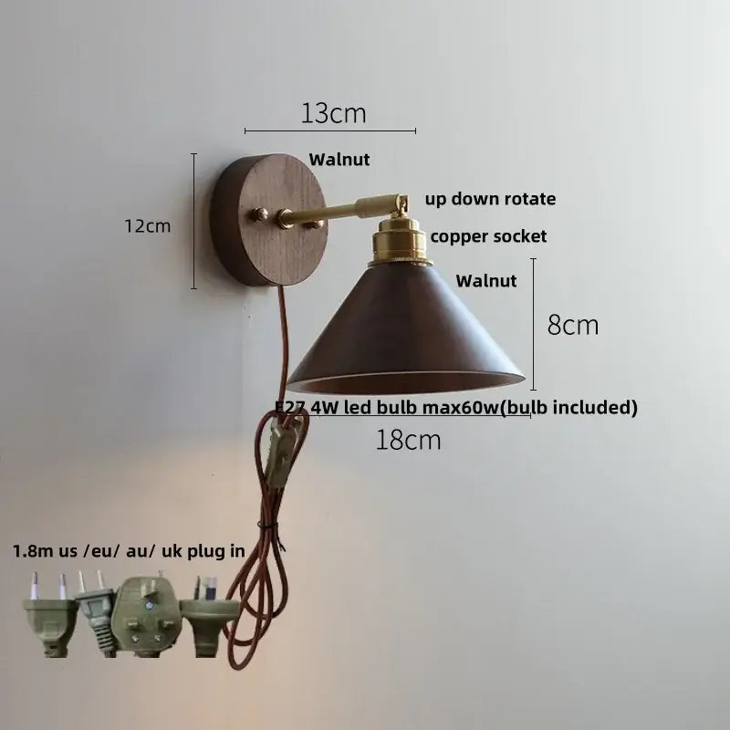Rustic walnut and brass wall light fixture with wooden base and conical shade for bedroom sconce lighting