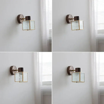 Rustic walnut and brass led wall lamp with square glass lantern and dark wood mounting plate for bedroom lighting