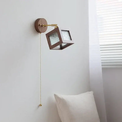 Minimalist rustic walnut and brass led wall lamp with frosted glass panels for dining room sconce lighting