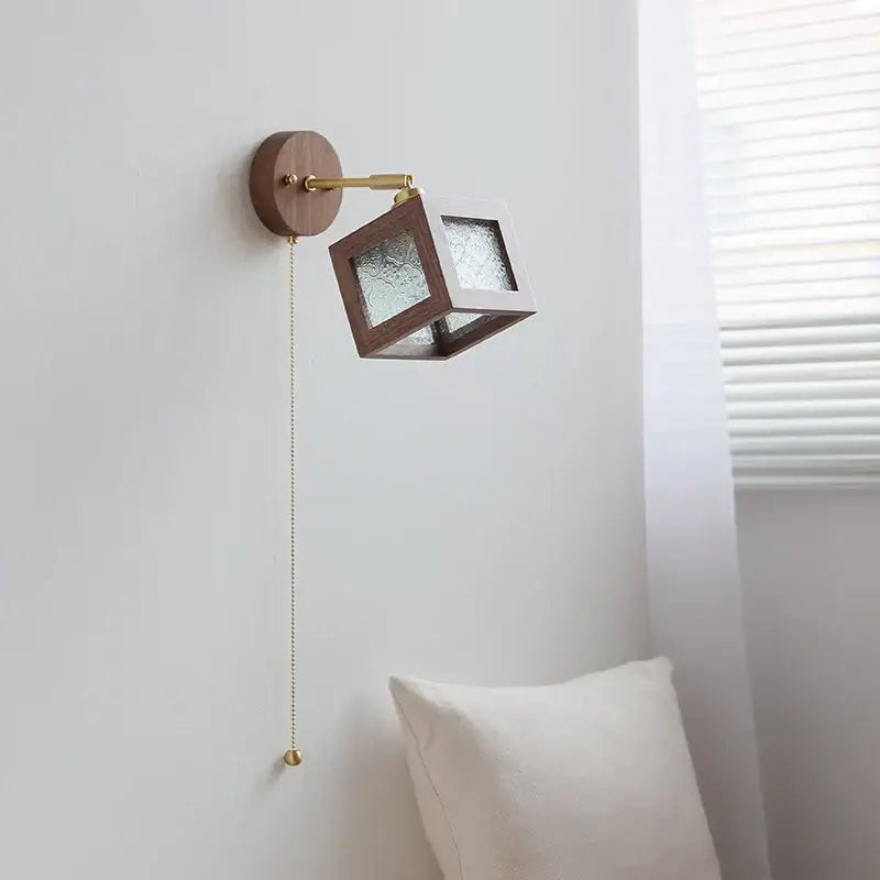 Minimalist rustic walnut and brass led wall lamp with frosted glass panels for dining room sconce lighting