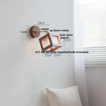 Copper finished wall sconce with walnut wood base and clear glass cube fixture by decorbites led for rustic decor