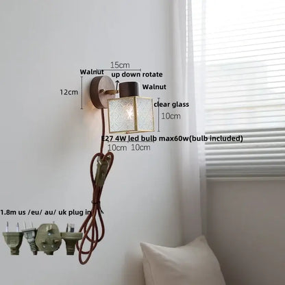 Rustic walnut wood and brass wall sconce with walnut-finished base and etched glass cube shade for bathroom decorbites led lighting