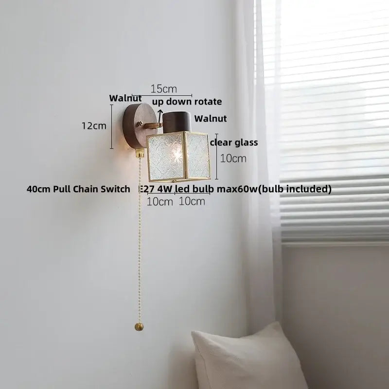 Rustic walnut wood and brass wall sconce with etched glass panels and walnut mounting hardware for bathroom decorbites led lighting